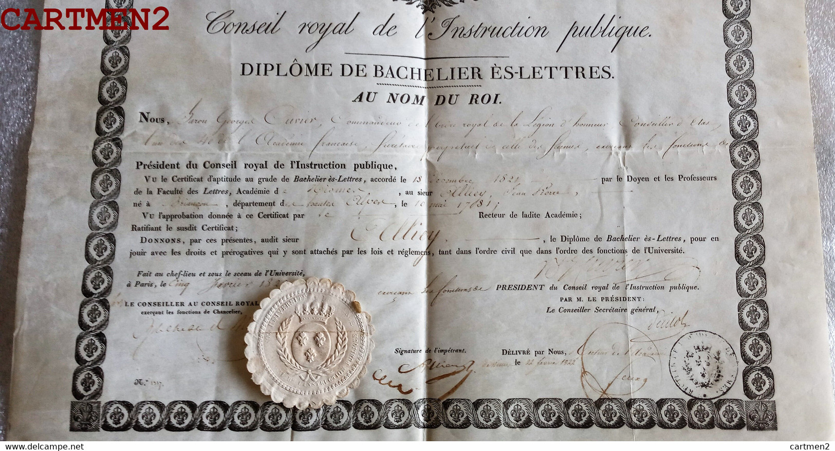 DIPLOME DU BARON GEROGES CUVIER ANATOMISTE SCIENTIFIQUE PALEANTOLOGIE COMMANDANT ORDRE ROYAL MEMBRE ACADEMIE 1822 - Diplômes & Bulletins Scolaires