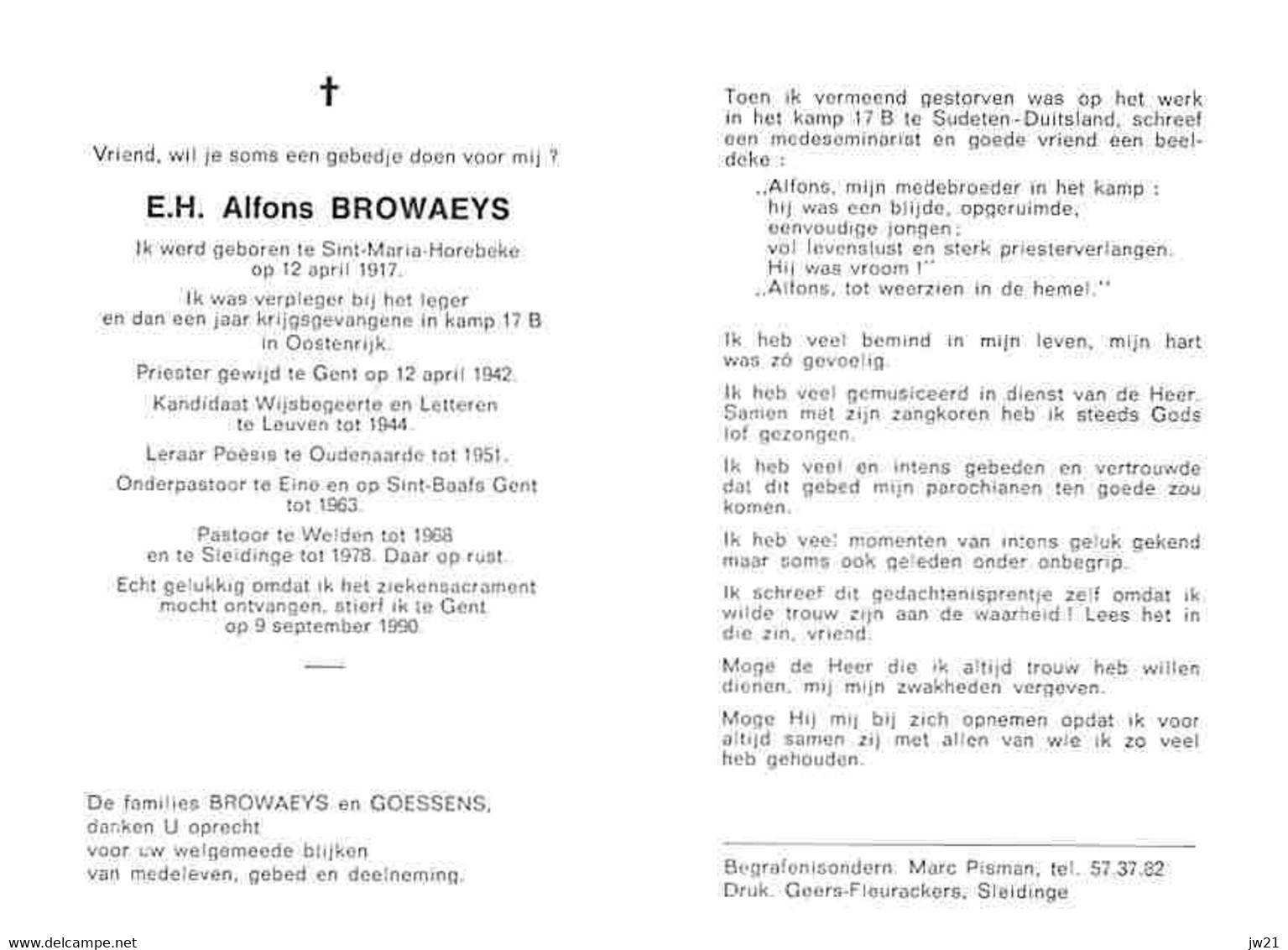 Doodsprentje Browaeys Alfons   	12-04-1917 Sint-Maria-Horebeke	09-09-1990 Gent	Priester Welden, Sleidinge - Overlijden