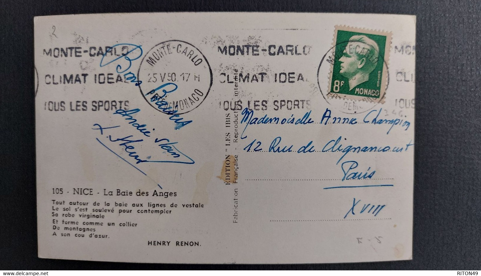 CARTE POSTALE NICE BAIE DES ANGES 1950 MONTECARLO A PARIS TIMBRE MONACO  8F - Monte-Carlo