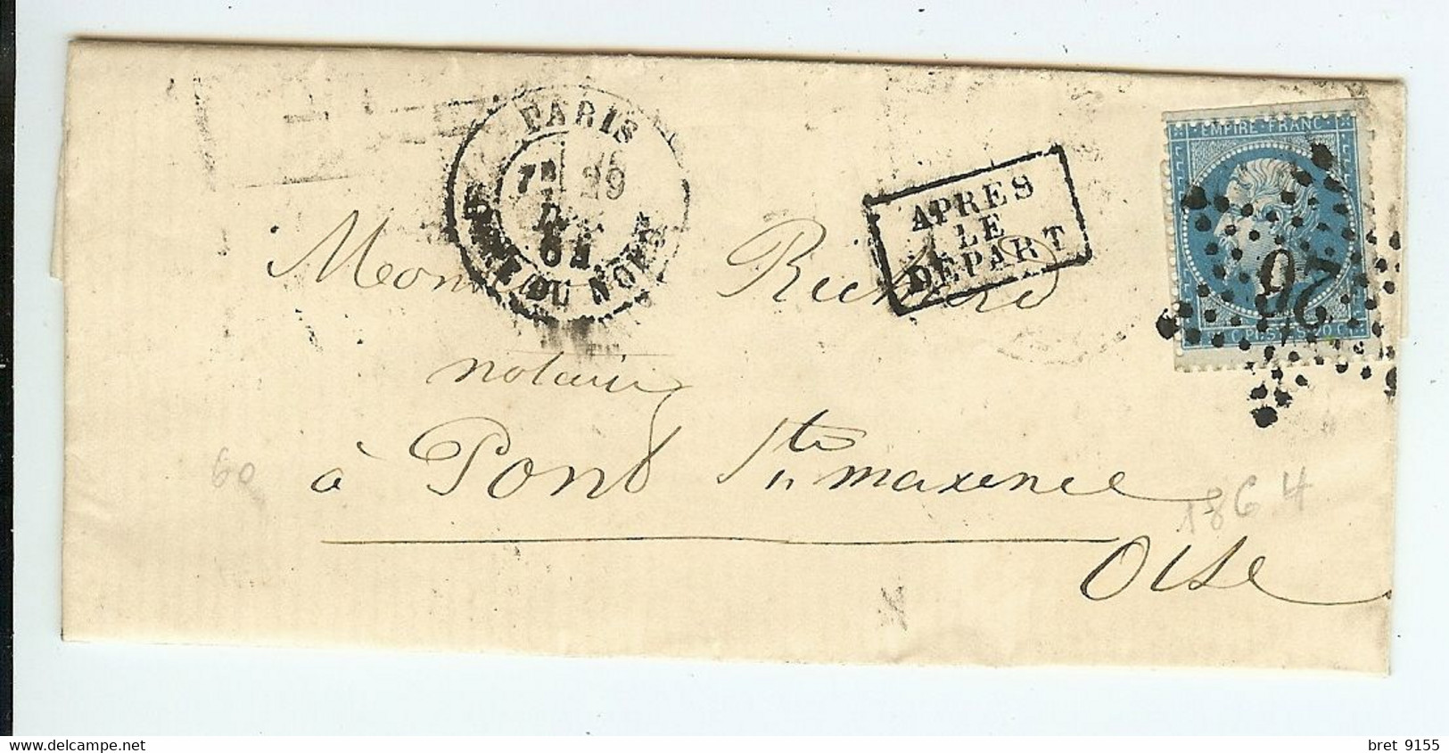 LETTRE DE PARIS 75 à PONT STE MAXENCE 60 NOTAIRE - 1862 Napoléon III