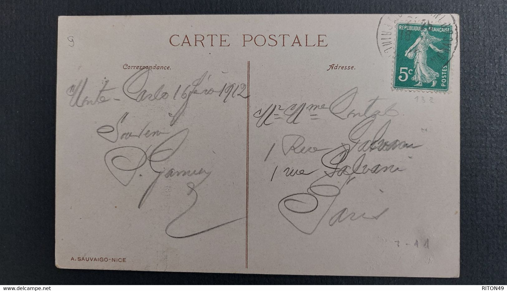 CARTE POSTALE MONTE CARLO JARDINS ET CASINO 1912 MONTE CARLO A PARIS TIMBRE SEMEUSE 5C - Monte-Carlo