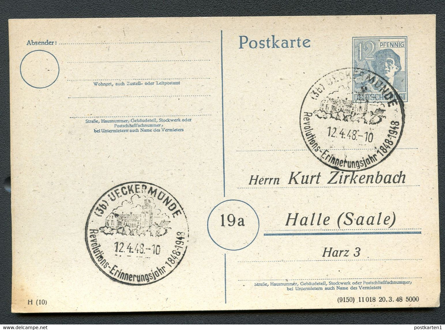 P962/05 Postkarte ZUDRUCK  Zirkenbach Halle Sost. Revolution 1848-1948 Ueckermünde  1948 - Postal  Stationery