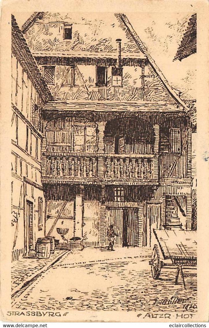 Illustrateur   Alsacien       Intérieur De Cour D'habitation Strasbourg    Genre Eau Forte        (voir Scan) - Hansi