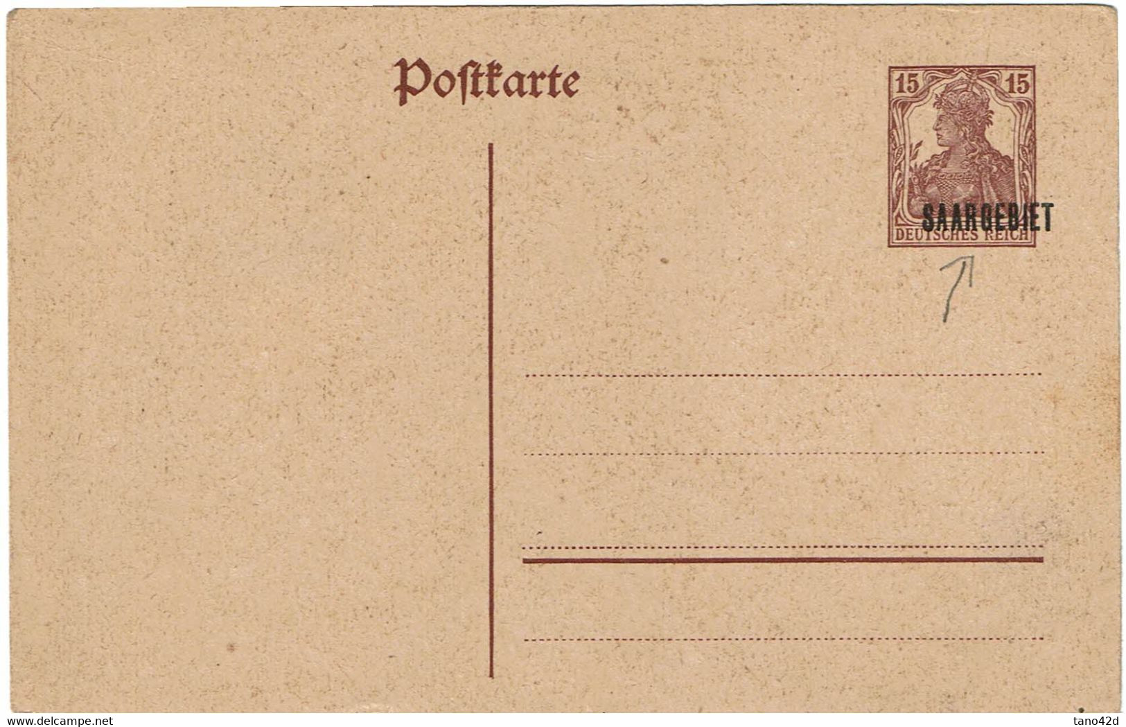 CTN77/1- SARRE OCC. FRANCAISE TYPE GERMANIA 15pf SURCHAGE DEPLACEE A DROITE - Postal Stationery