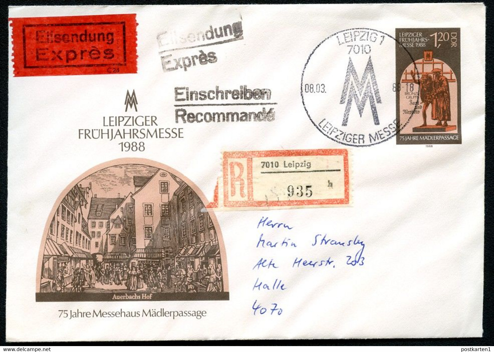 DDR U8 Umschlag EINSCHREIBEN EILSENDUNG Leipzig - Halle 1988  Kat. 17,00 € - Umschläge - Gebraucht