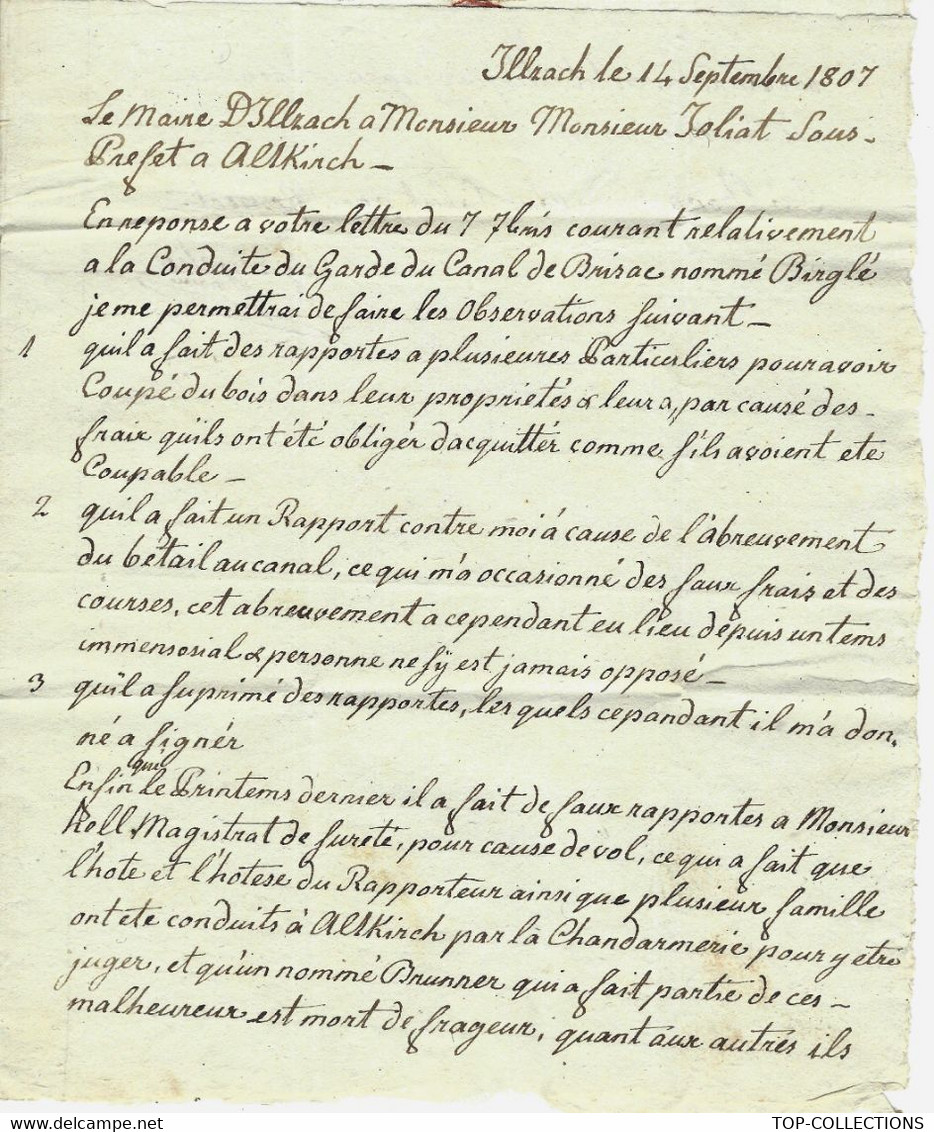 1807 Illzach Haut Rhin Gaeyelin Maire CONDUITE D'UN GARDE DU CANAL De Brirac Birglé FAUX TEMOIGNAGES ETC.. - Documents Historiques