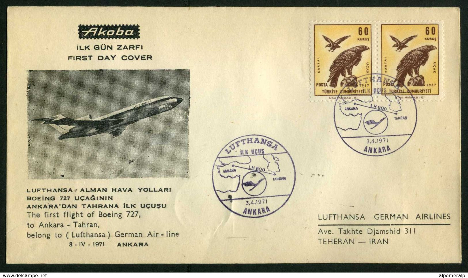 Türkiye 1971 Ankara Tehran Lufthansa Boeing 727 First Flight, April 3 | With Tehran Arrival Postmark | Air Mail, Birds - Posta Aerea