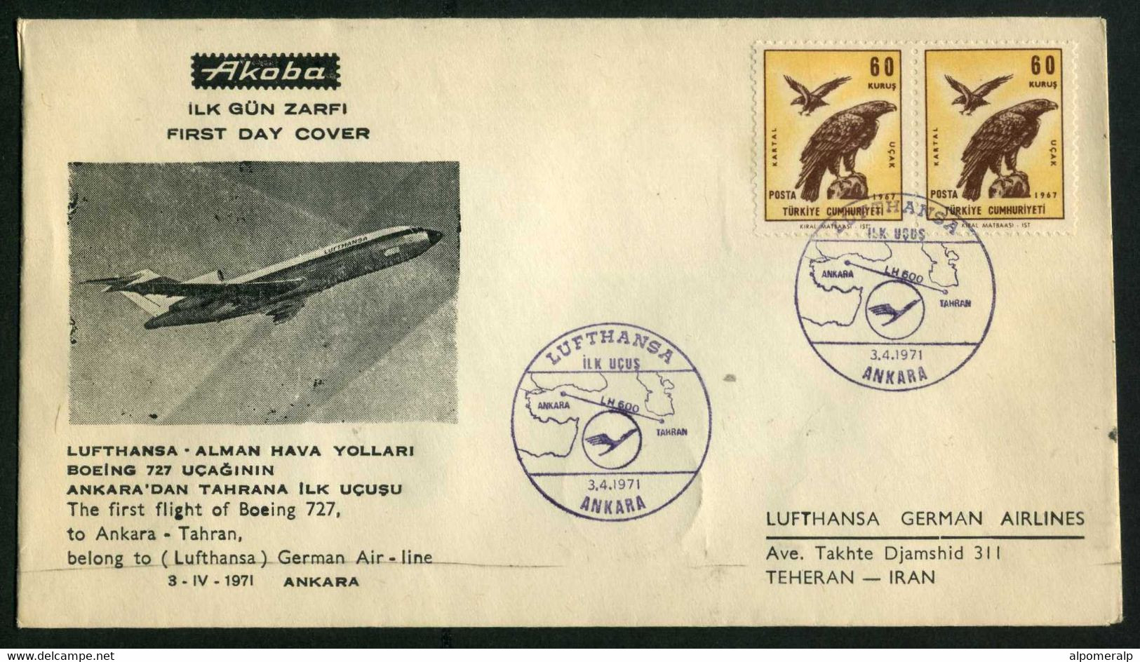 Türkiye 1971 Ankara Tehran Lufthansa Boeing 727 First Flight, April 3 | With Tehran Arrival Postmark | Air Mail, Birds - Poste Aérienne