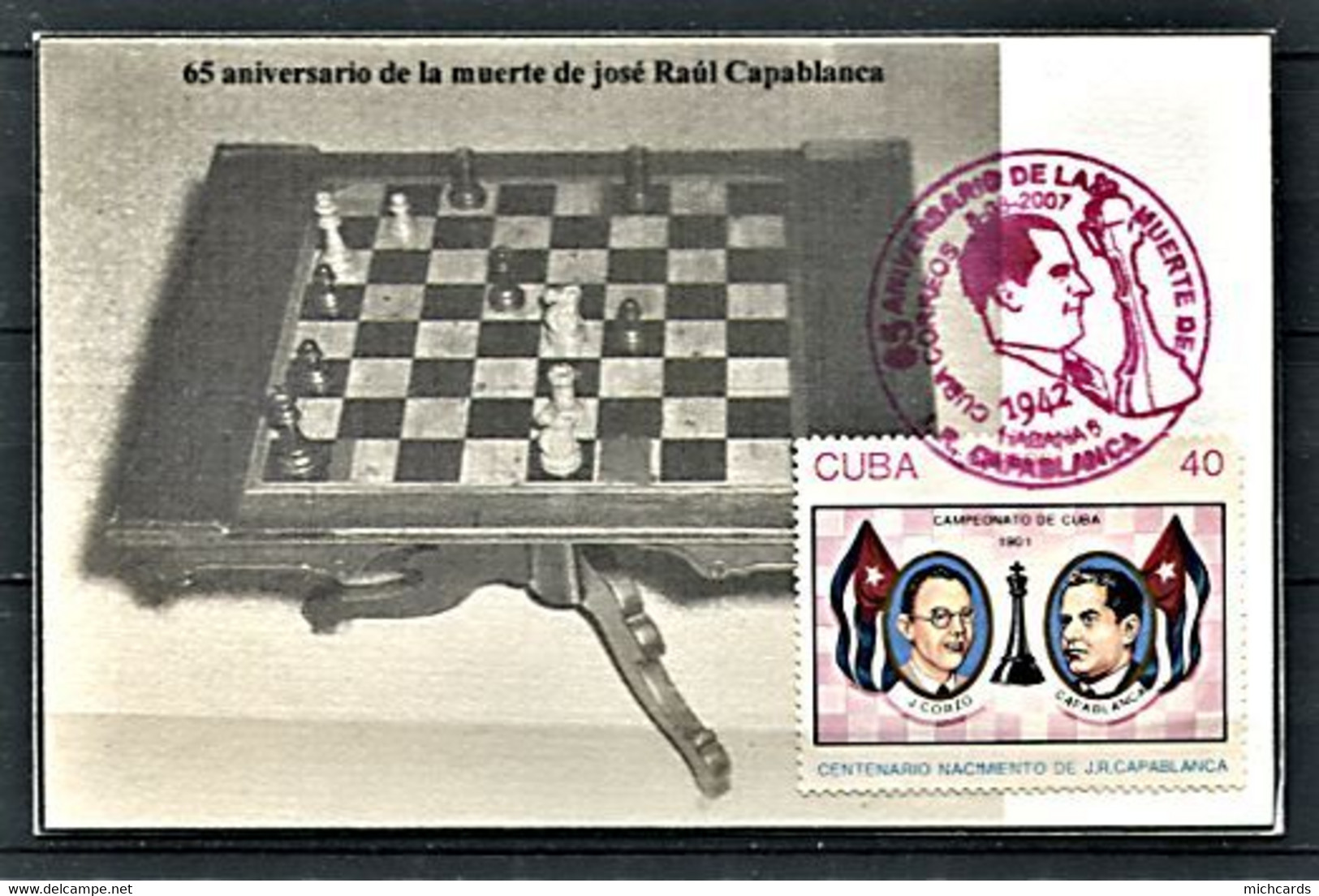 CUBA 2007 - Echecs (Chess) Jose Raul Capablanca - Table - Oblitération Rouge Sur Carte - Lettres & Documents