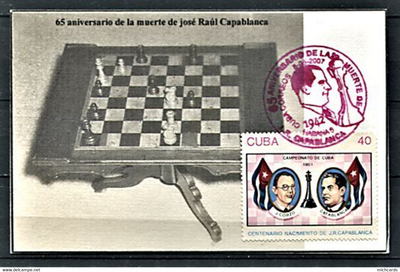 CUBA 2007 - Echecs (Chess) Jose Raul Capablanca - Table - Oblitération Rouge Sur Carte - Storia Postale