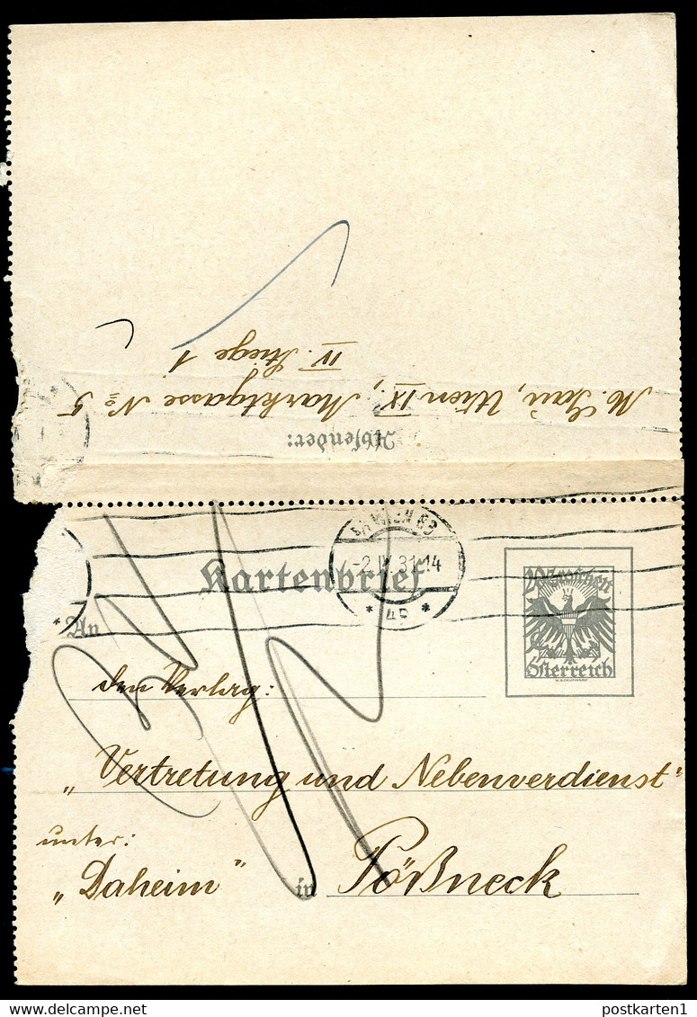 ÖSTERREICH Kartenbrief K65 Wien -Pößneck 1931 Kat. 8,00 € - Kartenbriefe