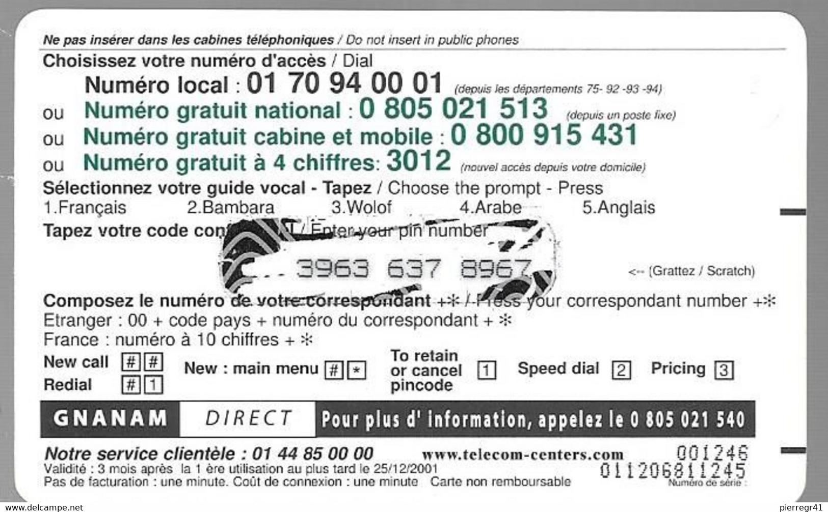 CARTE-PREPAYEE-2001-100F- TELECOM-CENTERS-AFRICACALL-LION-25/12/2001-Gratté-Plastic Epais-Glacé- TB E- - Dschungel