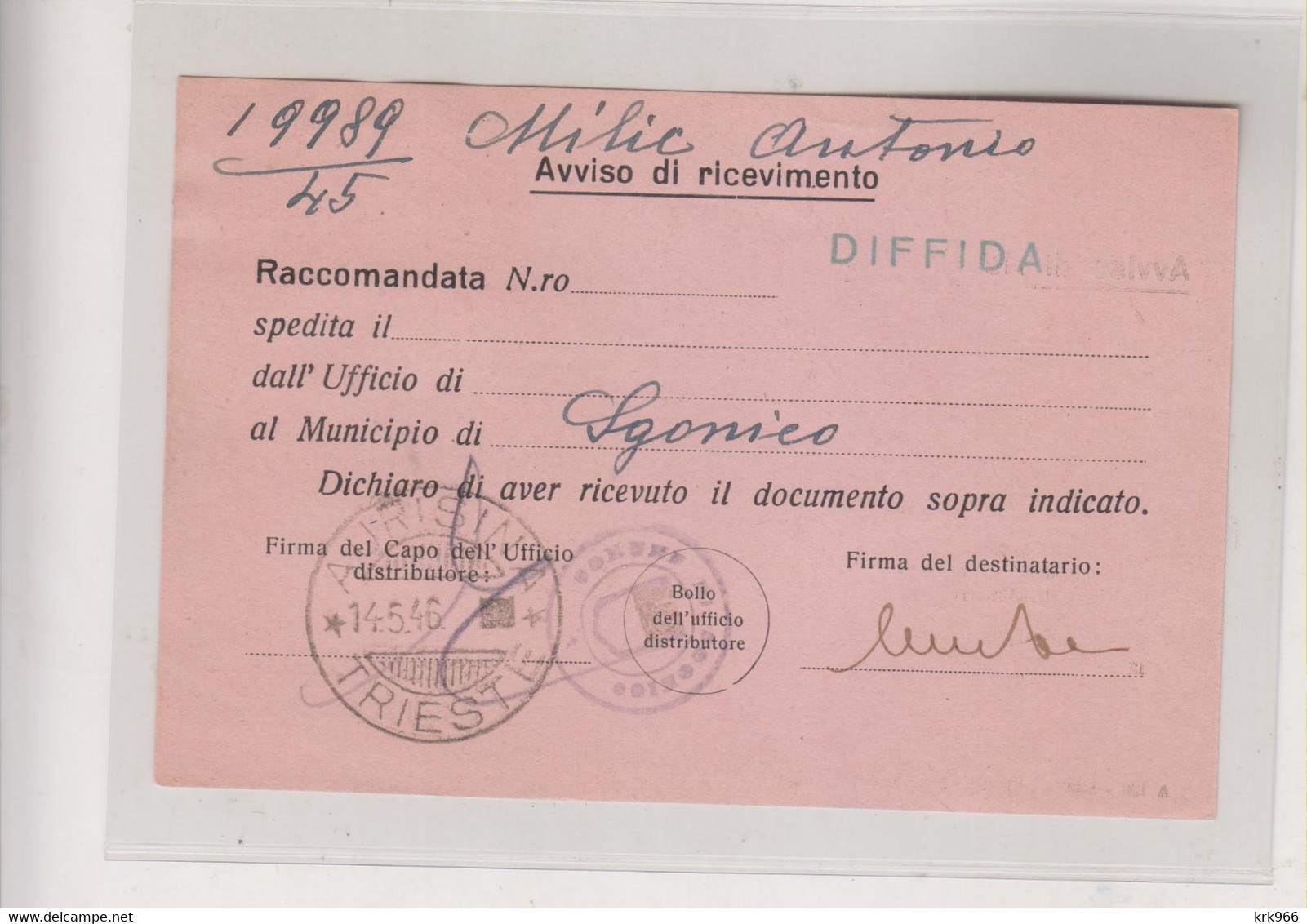 ITALY TRIESTE A 1946  AMG-VG Nice Answer  Postcard - Storia Postale