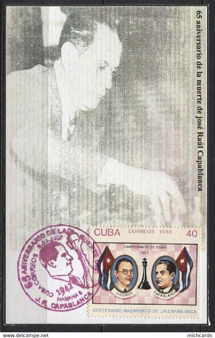 CUBA 2007 - Echecs (Chess) Jose Raul Capablanca En Train De Jouer - Oblitération Rouge Sur Carte - Brieven En Documenten