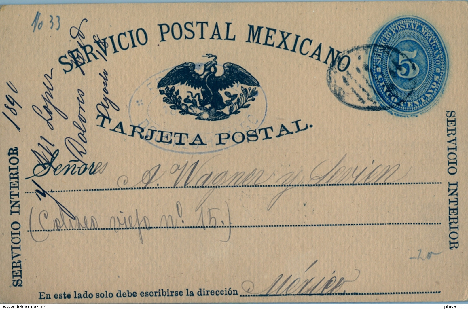 1890 MÉXICO , TARJETA ENTERO POSTAL PARA SERVICIO INTERIOR , LLEGADA AL DORSO , MAT. TIPO PARRILLA - México