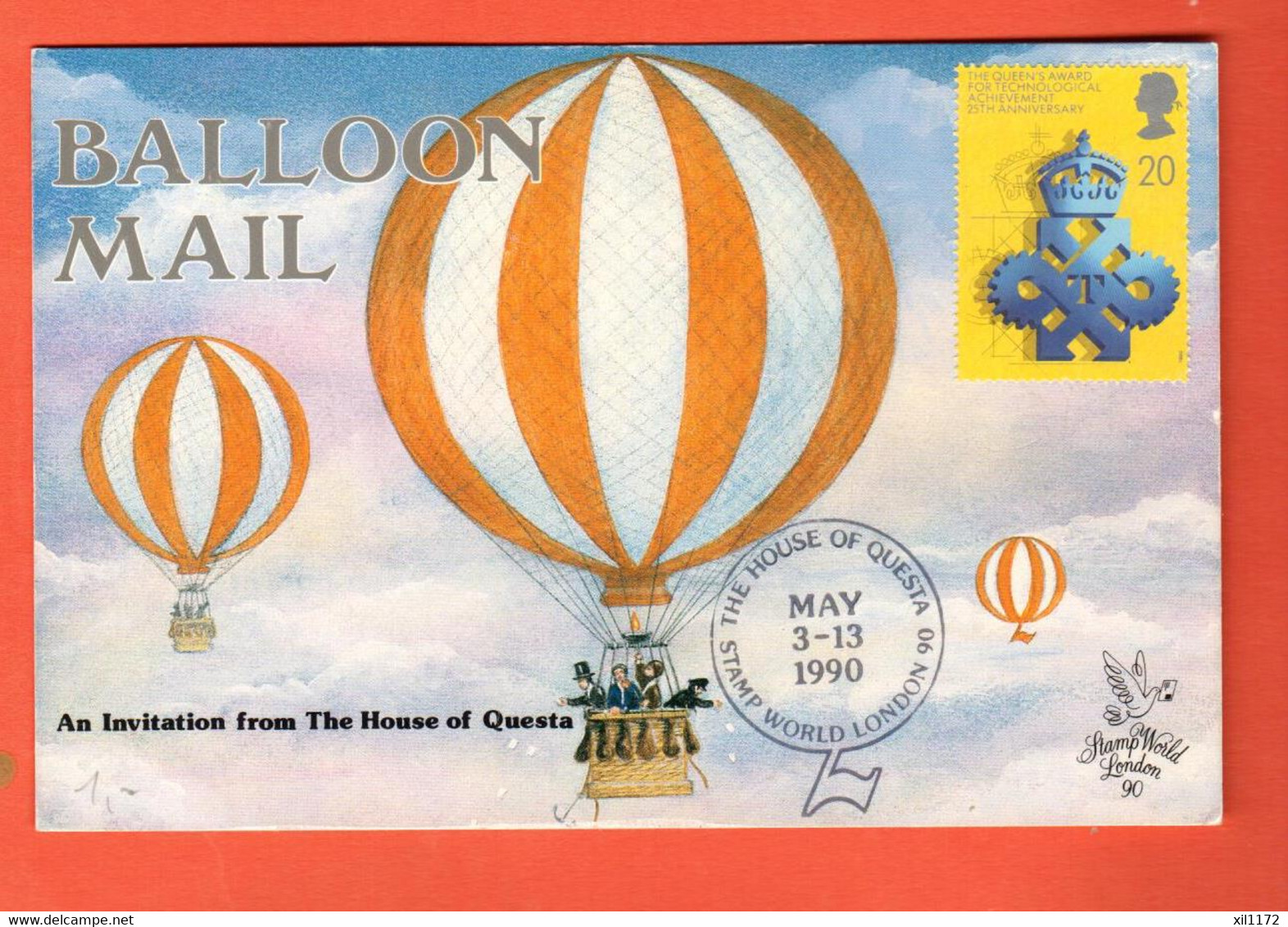 KD-03  Balloon Mail An Invitation From The House Of Questa Maximum-card  May-3-13 1990 - Other (Air)