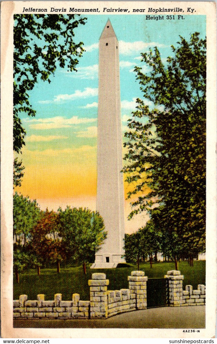 Kentucky Fairview Near Hopkinsville Jefferson Davis Monument 1949 Curteich - Hopkinsville