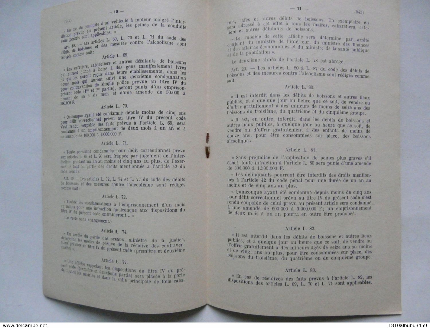 CODE DES DEBITS DE BOISSONS ET DES MESURES  CONTRE L'ALCOOLISME 1959 - Diritto