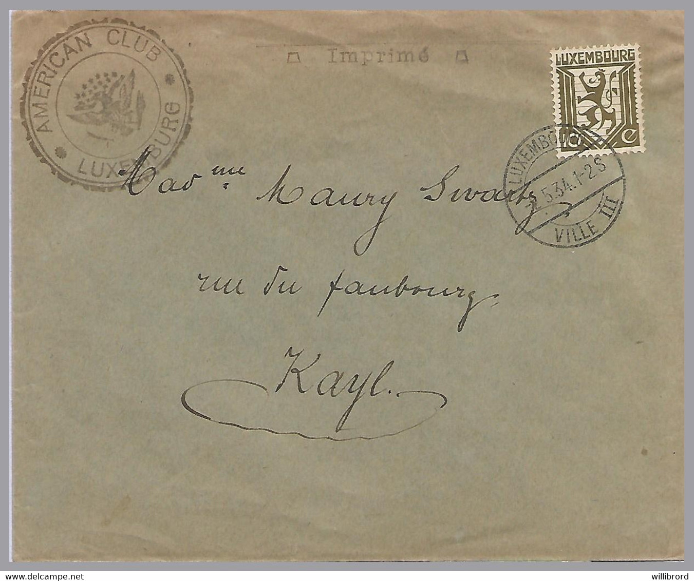 LUXEMBOURG - 10c Lion 1934 "American Club Luxemburg" T34 Imprime To Kayl - Covers & Documents