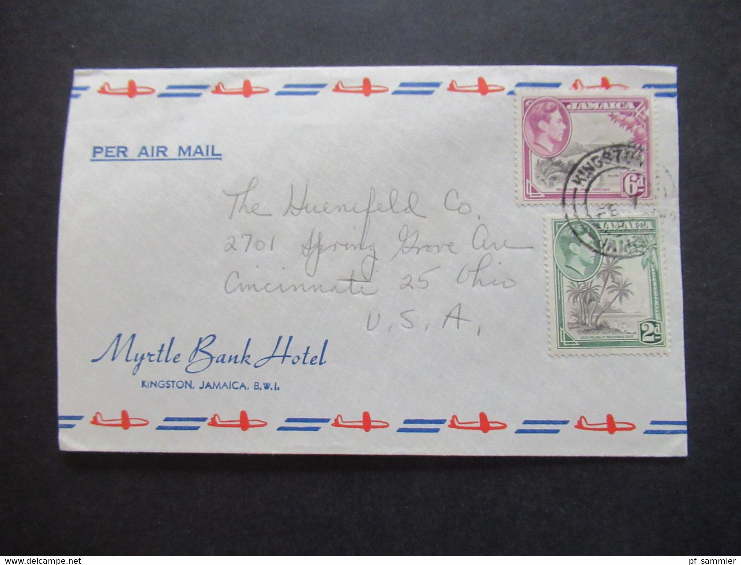 GB Kolonie Jamaica 1940er Jahre Via Air Mail / Luftpostbeleg Umschlag Hotelpost Myrtle Bank Hotel Kingston Jamaica - Giamaica (...-1961)