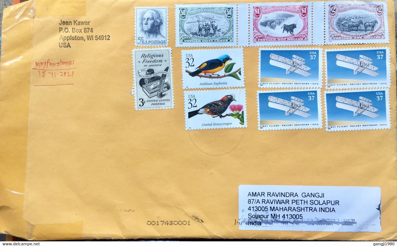 USA 2021, USED COVER TO INDIA,11 STAMPS AFFIXED,ALL ARE WITHOUT CANCELLATION!!! FACE VALUE 5.70 $ BIRDS ,AEROPLANE HORSE - Covers & Documents