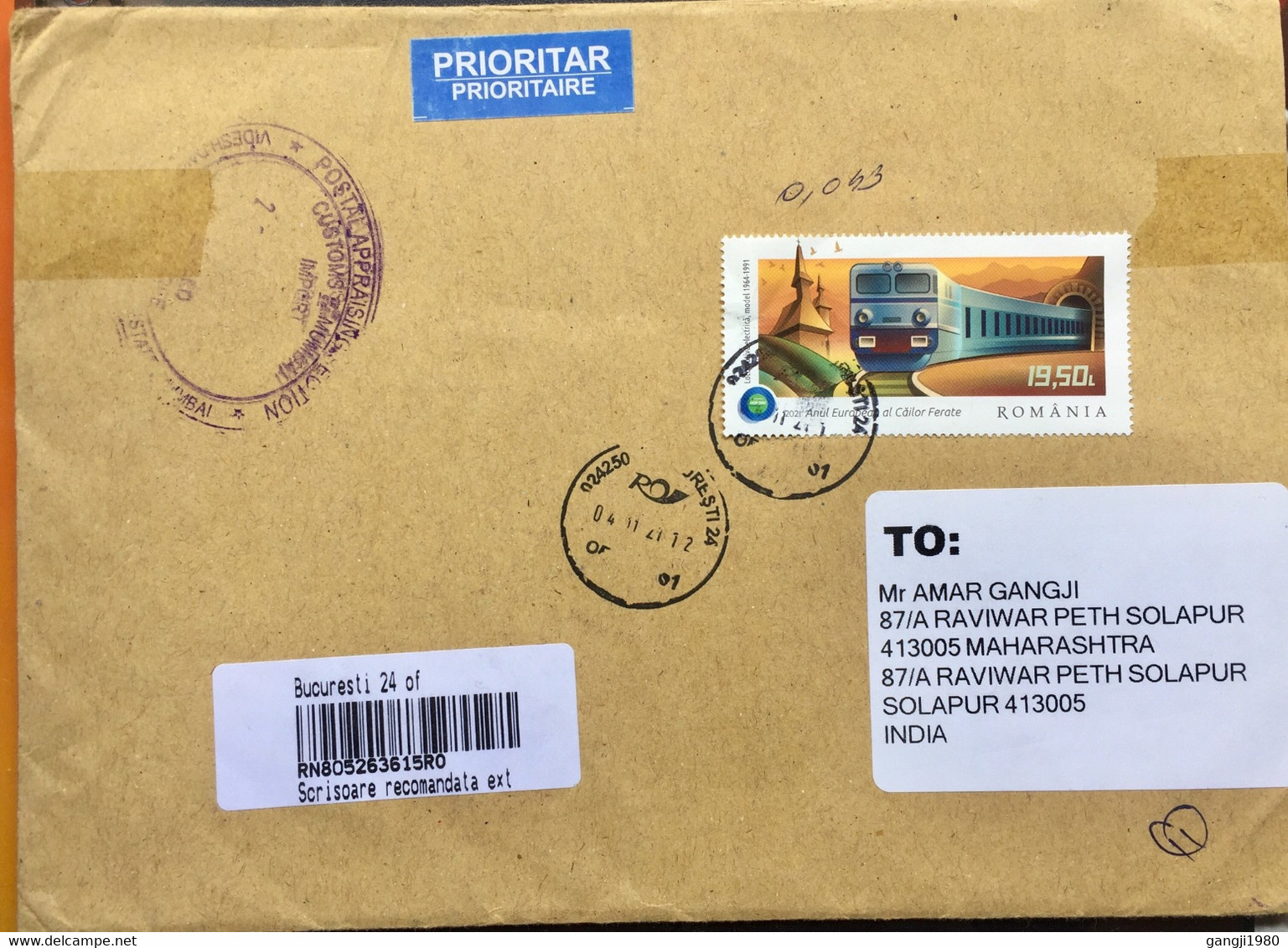 ROMANIA 2021, REGISTERED AIRMAIL COVER BUCHAREST TO INDIA,19.50 L RATE ,LOCOMOTIVE,RAILWAY,BUILDING,TUNNEL,CUSTOM MUMBAI - Covers & Documents