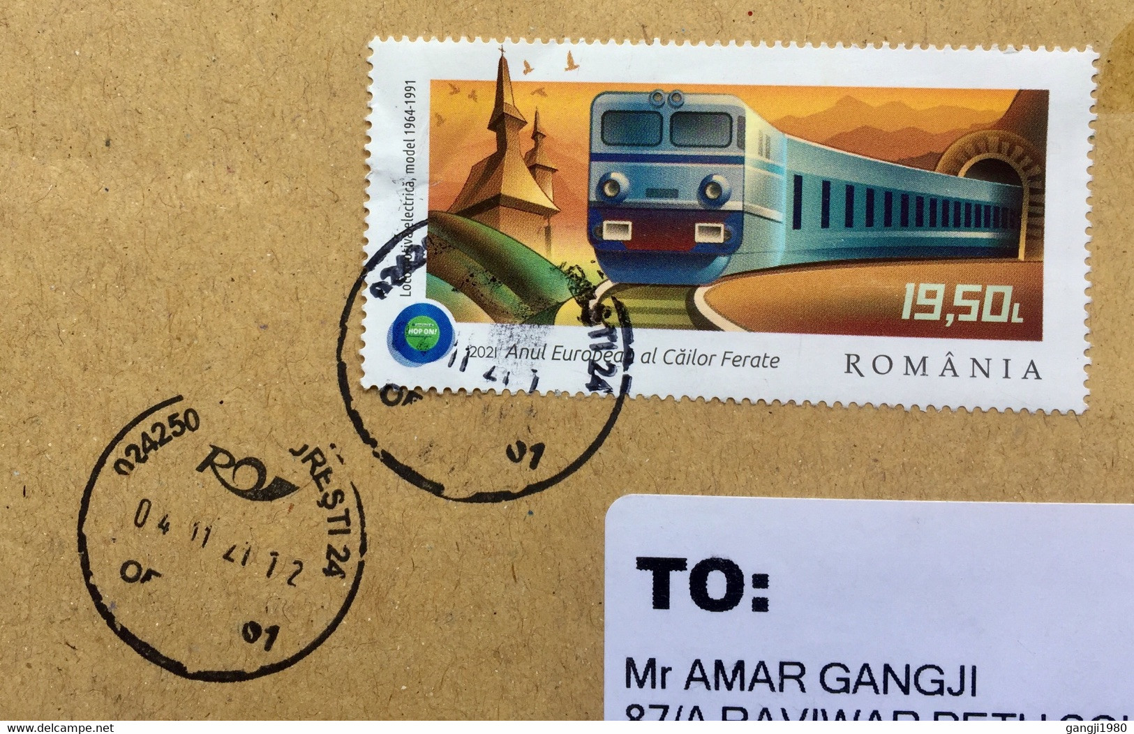 ROMANIA 2021, REGISTERED AIRMAIL COVER BUCHAREST TO INDIA,19.50 L RATE ,LOCOMOTIVE,RAILWAY,BUILDING,TUNNEL,CUSTOM MUMBAI - Covers & Documents