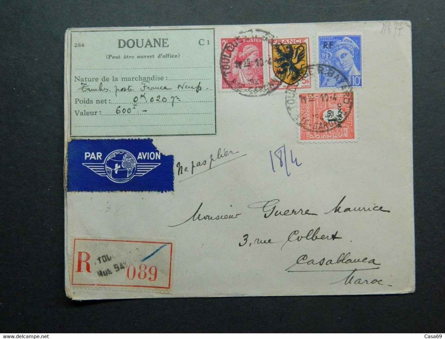 1945 Lettre Recommandée De Toulouse à Casablanca - Maroc Yvert 602, 654, 657 Et 708 Armoiries Flandre Iris Arc Triomphe - Cartas & Documentos