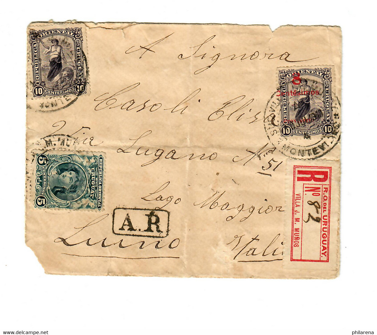 Uruguay 1910: Registered Villa J. M. Mundos/Montevideo To Luino/Italy - Uruguay