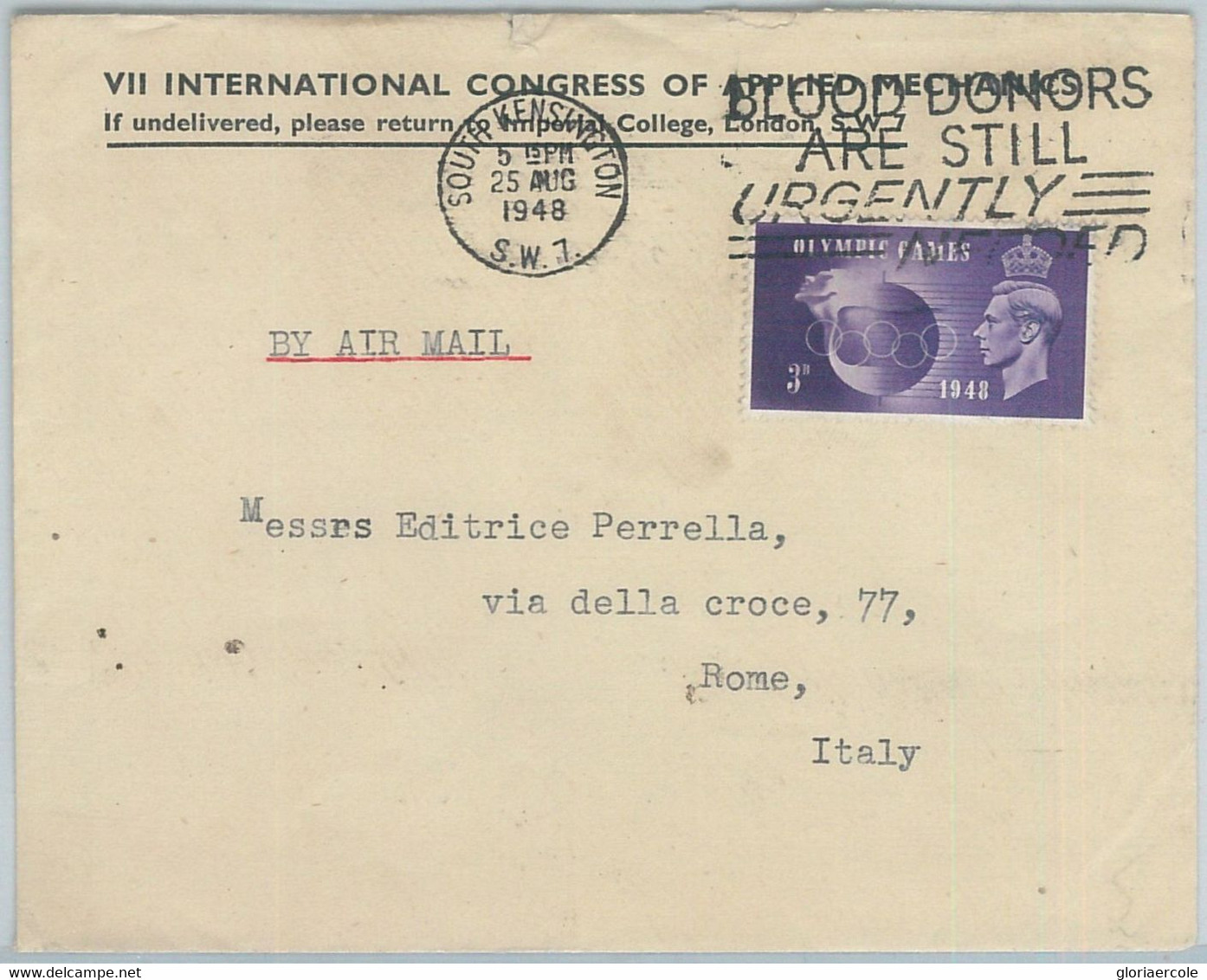 77813 - GB - Postal History - OLYMPIC GAMES On COVER To ITALY 1948  Blood Donors - Verano 1948: Londres
