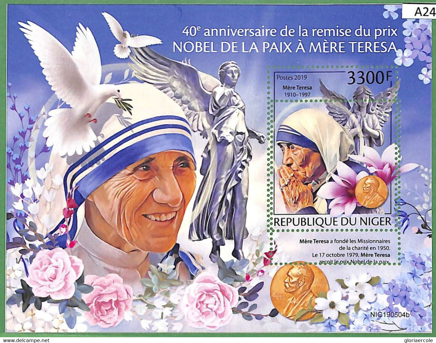 A2409 - NIGER - ERROR, MISPERF STAMP SHEET, 2019: Mother Teresa/Theresa, Religion, Nobel Prize - Madre Teresa