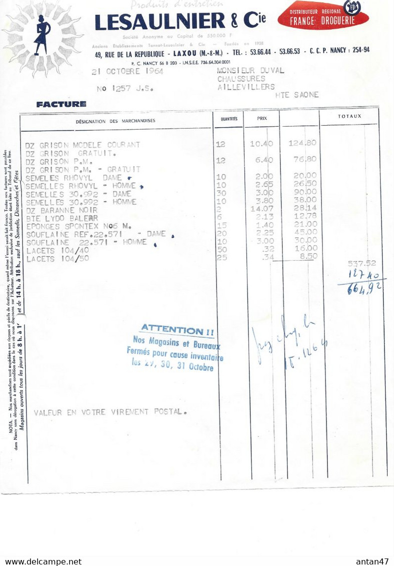 5 Factures 1931-49-55-64 / 54 LAXOU NANCY / Produits D'entretien, Cires, Mécano / TONNOT LASAULNIER - Droguerie & Parfumerie