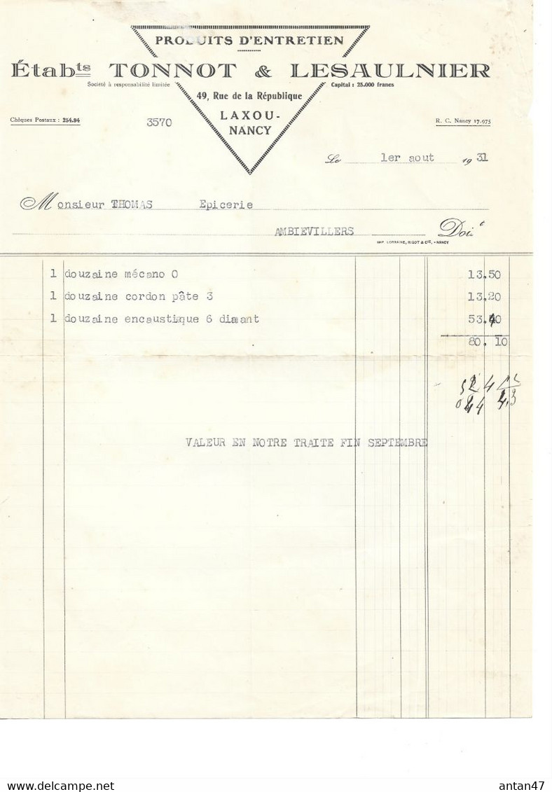 5 Factures 1931-49-55-64 / 54 LAXOU NANCY / Produits D'entretien, Cires, Mécano / TONNOT LASAULNIER - Droguerie & Parfumerie