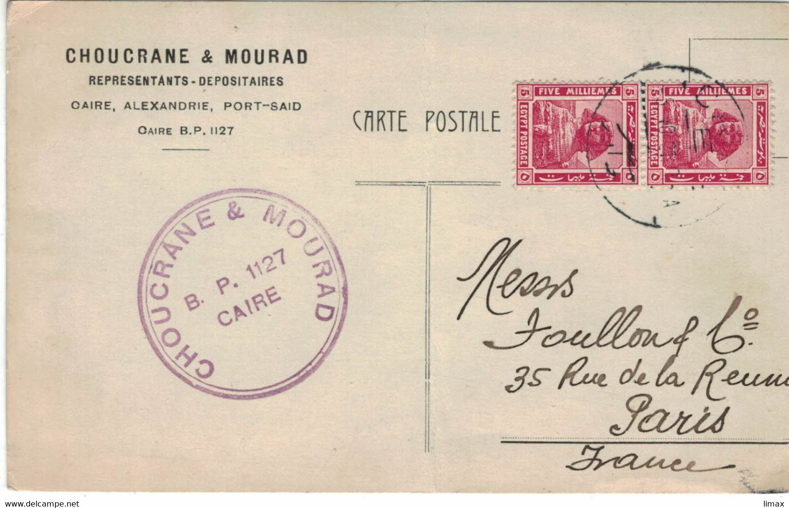 Choucran & Mourad 1921 Alexandria - Sphinx > Paris - !!mittig Knick!! - 1915-1921 Protectorat Britannique