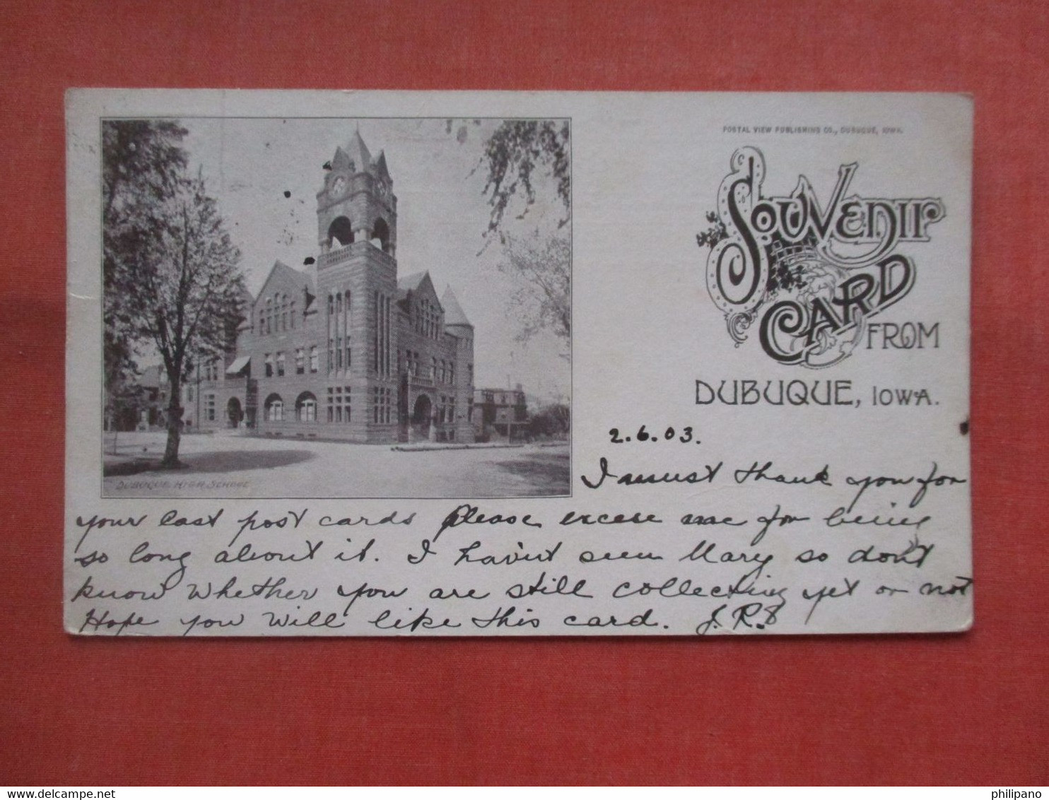 Private Mailing Card. High School. Souvenir Card From   Dubuque  Iowa > Dubuque  Edinburgh Stamp & Cancel. Ref 5454 - Dubuque