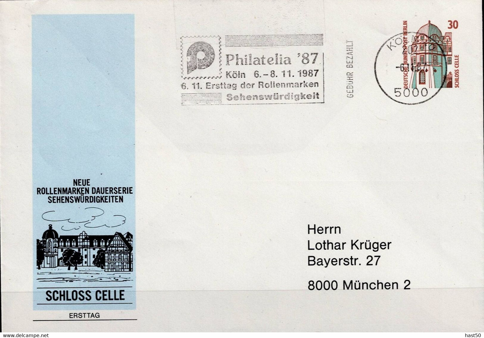 Berlin - Privatumschlag "Schloss Celle" (MiNr: PU 148 B1/001b) 1987 - FDC - Enveloppes Privées - Oblitérées