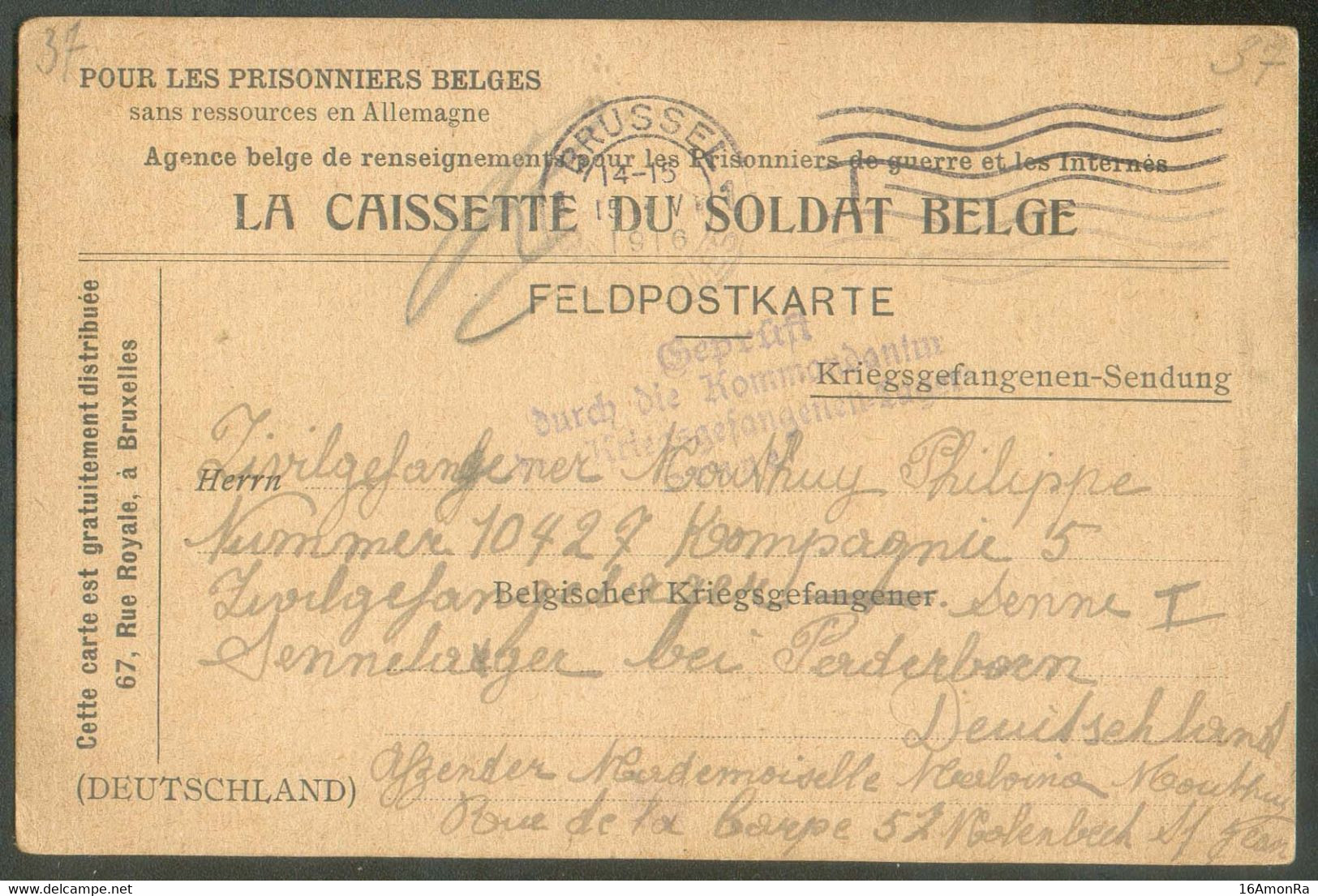 Carte LA CAISSETTE DU SOLDAT BELGE De Brussel 15/5 1916 Vers Prisonnier De Guerre Civil à Sennelager Paderborn (text Int - Kriegsgefangenschaft