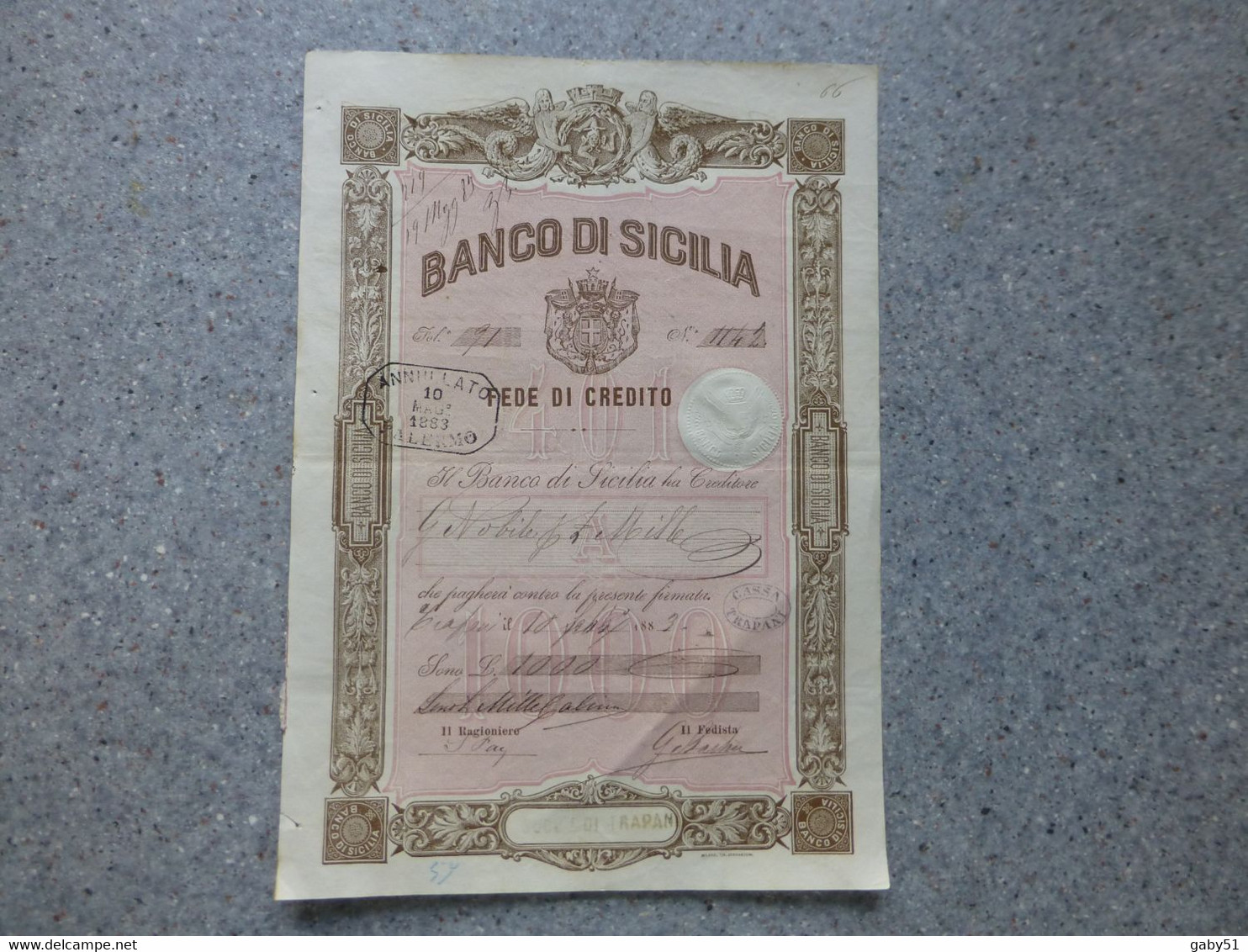 BANCO Di SICILIA Fede Di Credito 1000 , 1883 ; Ref 1017 ACT 01 - Other & Unclassified