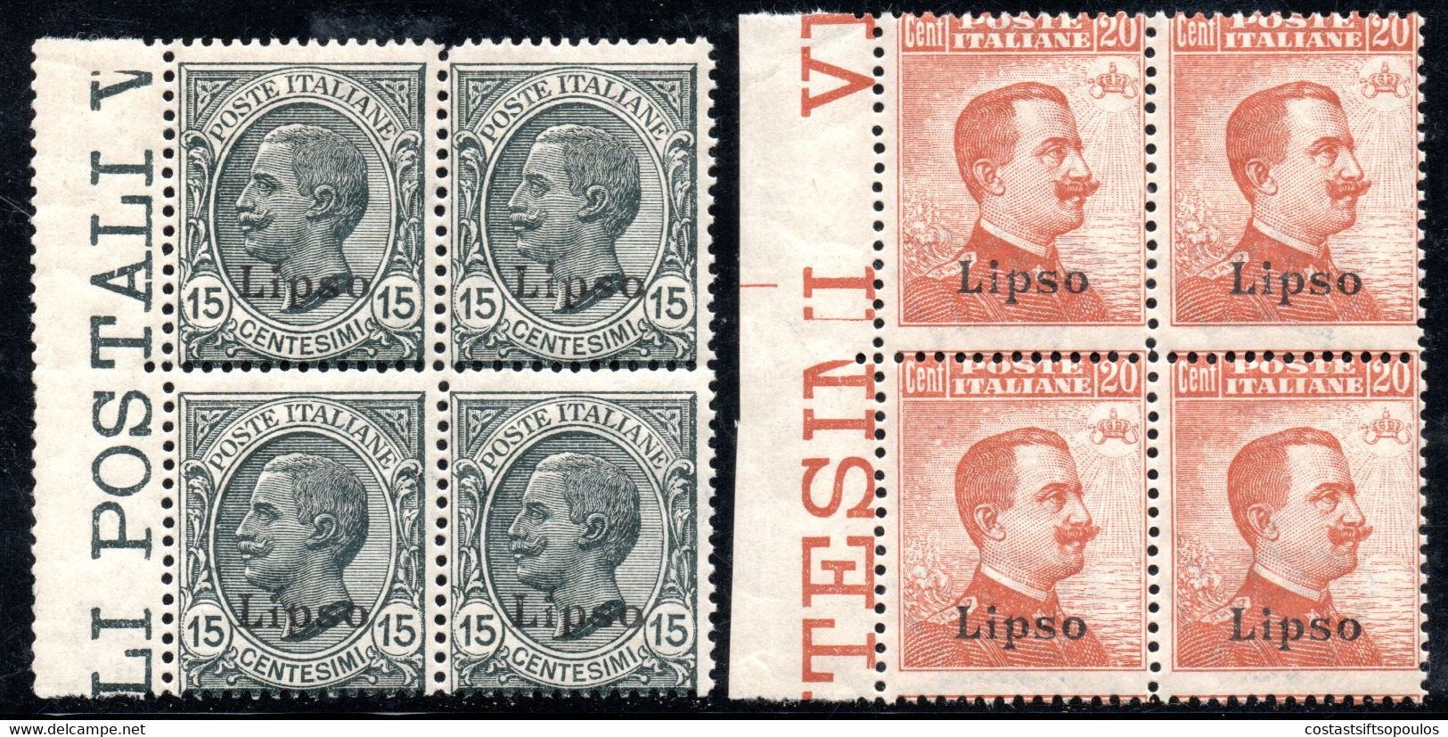 656.GREECE,DODECANESE,ITALY.LISSO.1922 15 C 1921 20 C..#4-5 MNH BLOCKS OF 4 - Dodecanese