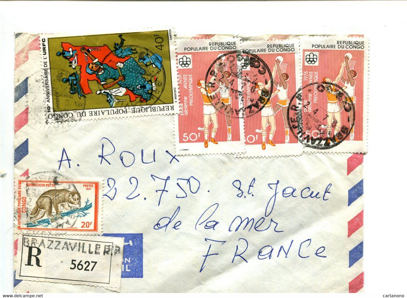 CONGO Brazzaville 1976  - Affranchissement Sur Lettre Recommandée Par Avion Pour La France - Sport Basket - Sonstige & Ohne Zuordnung