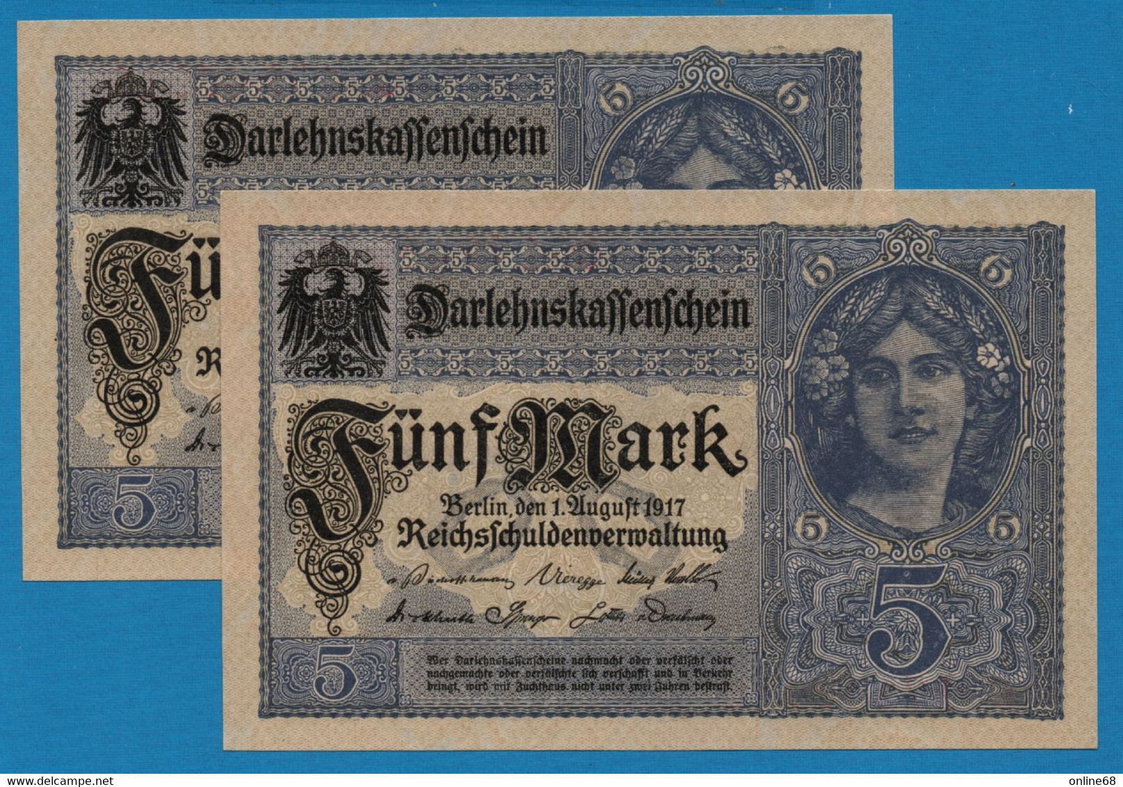 DEUTSCHES REICH 2 X 5 MARK 01.08.1917 # Q.17248918+19 P# 56b DARLEHENSKASSENSCHEINE - 5 Mark