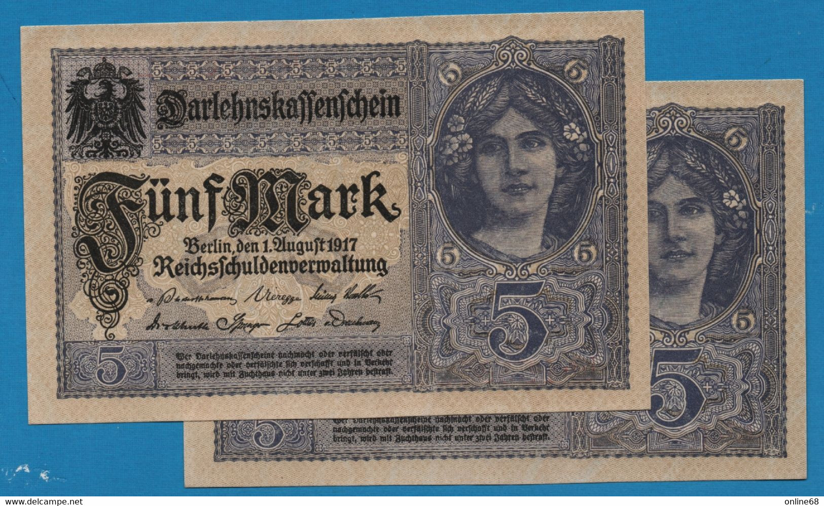 DEUTSCHES REICH 2 X 5 MARK 01.08.1917 # T.15631271+72 P# 56b DARLEHENSKASSENSCHEINE - 5 Mark