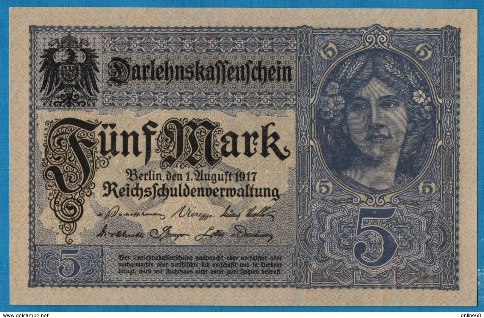 DEUTSCHES REICH 5 MARK 01.08.1917 # Q.17248916 P# 56b DARLEHENSKASSENSCHEINE - 5 Mark