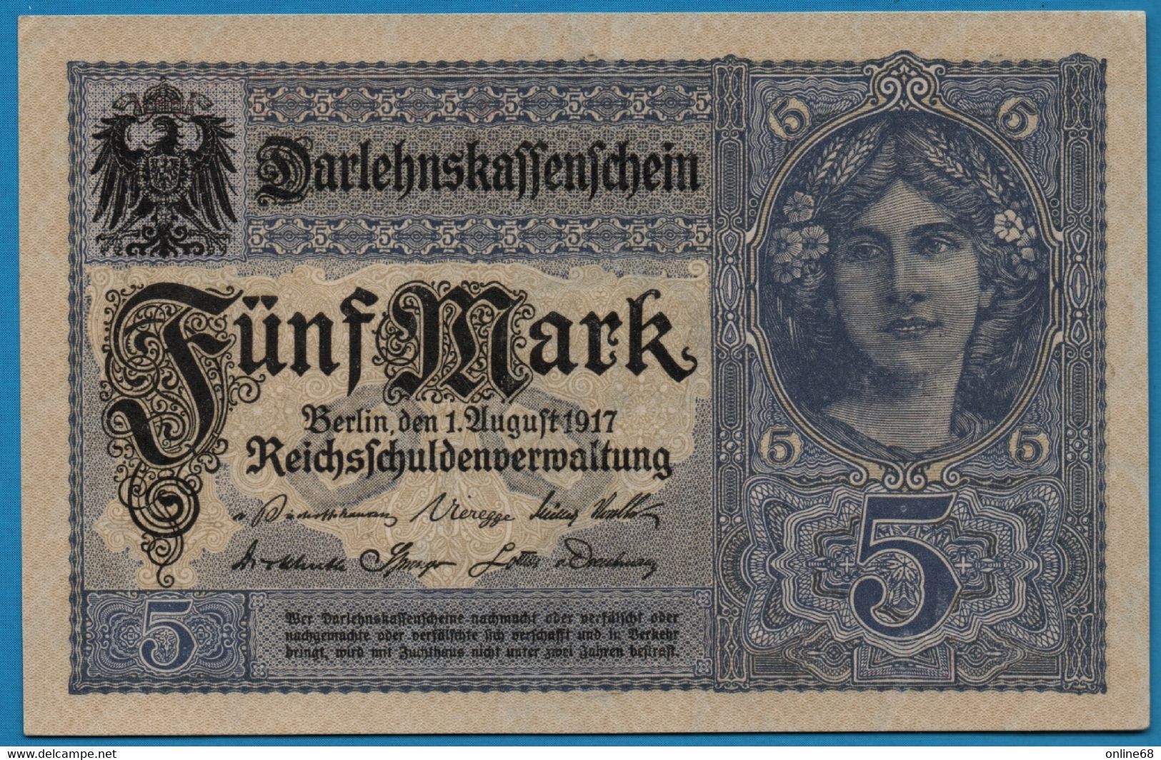 DEUTSCHES REICH 5 MARK 01.08.1917 # Q.17248945 P# 56b DARLEHENSKASSENSCHEINE - 5 Mark