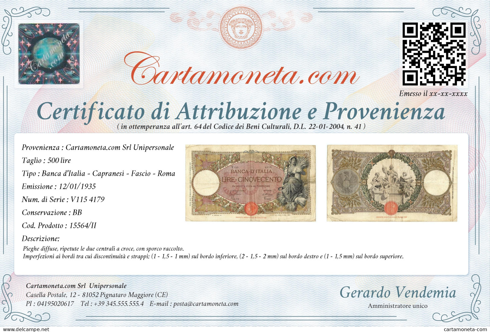 500 LIRE CAPRANESI MIETITRICE TESTINA FASCIO ROMA 12/01/1935 BB - Regno D'Italia – Other