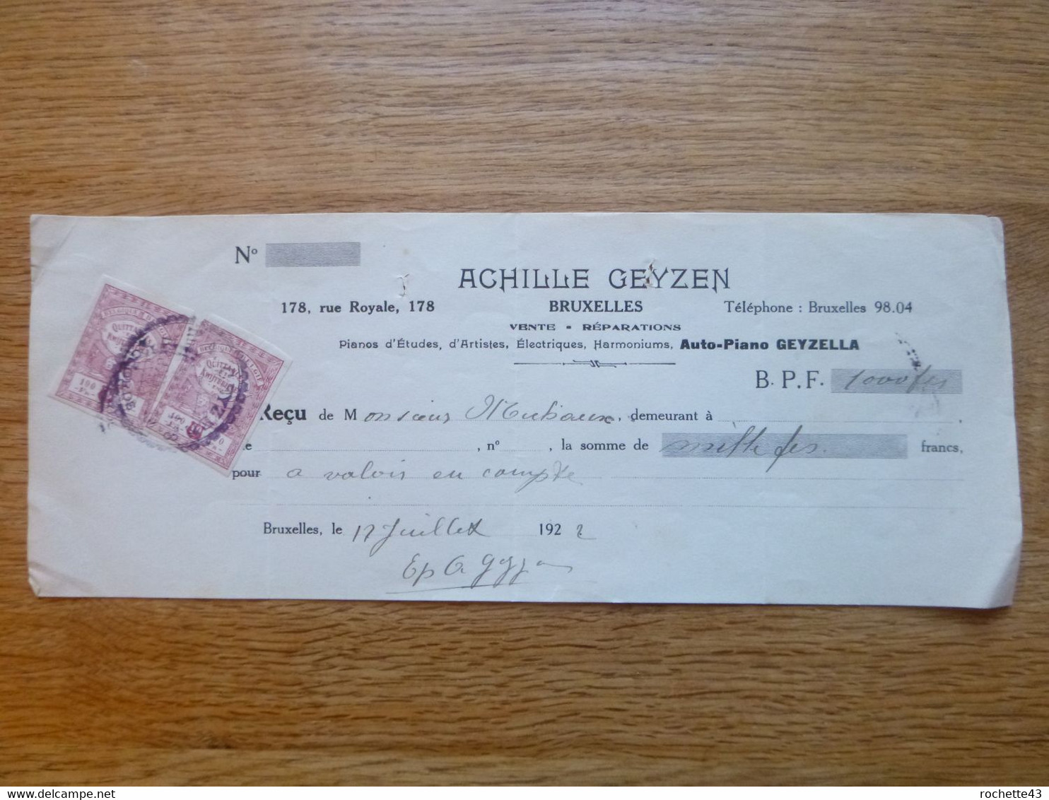 Belgique - Quittances 10 C - Pianos Achille Geyzen 178 Rue Royale Bruxelles - Fiscal - Fiscaux - Taxes - Timbres