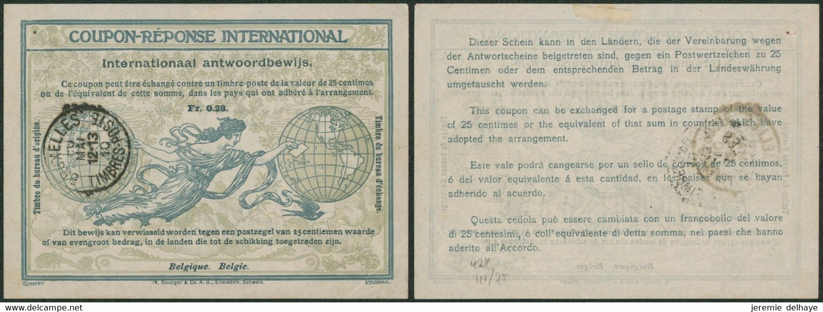 Belgique - Coupon Réponse International 0,28Fr + Oblitération "Bruxelles / Timbres-Poste" (1910). R Sur Coupon - Cupón-respuesta Internacionales