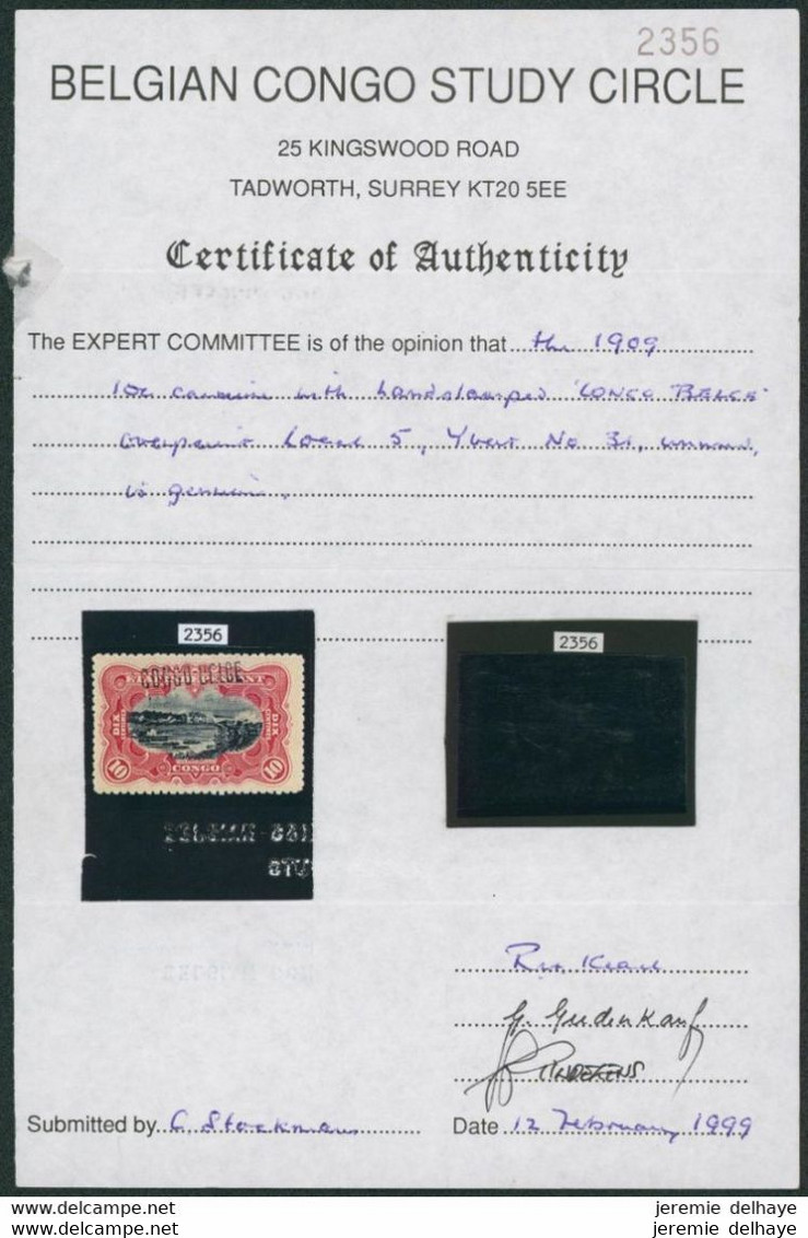Congo Belge - N°31 ** Neuf Sans Charnières Surcharge à La Main Du Congo (L) Type 5 + Certificat. - Unused Stamps