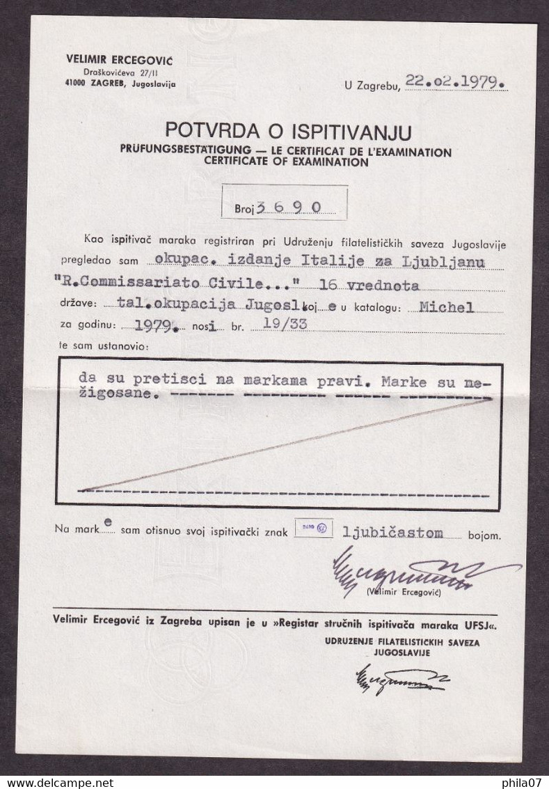 Slovenia/Italian Occupation - Italian Occupation Of Slovenia, Mi.No. 19/23, Certificate Ercegović. - Lubiana