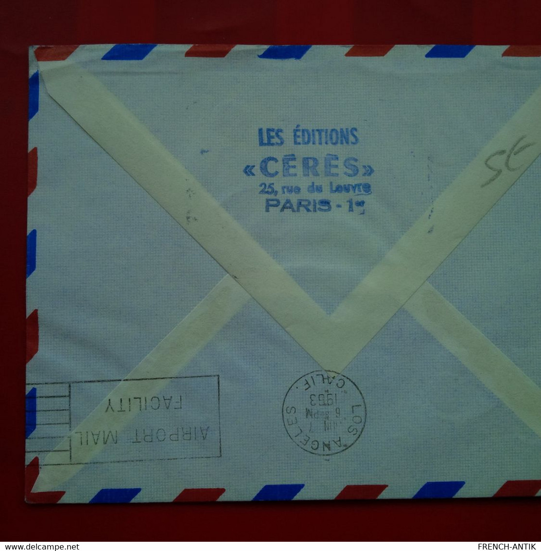 LETTRE CACHET PARIS AVIATION AIR FRANCE PREMIERE LIAISON SANS ESCALE PARIS LOS ANGELES POSTE RESTANTE - Cartas & Documentos